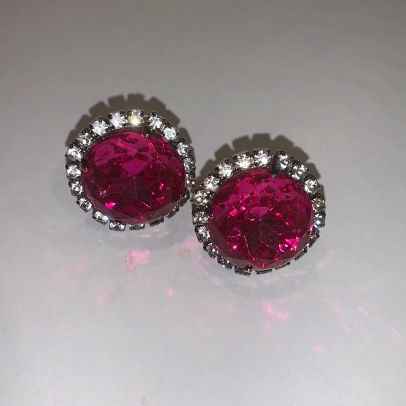 Pink and Clear Rhinestoned Clip On Earrings - Picture 2 of 7